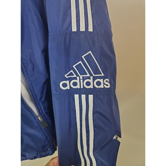 Vtg Adidas Three Stripe Blue Fleece Lined Full Zip Nylon Windbreaker, Size L - Picture 7 of 12
